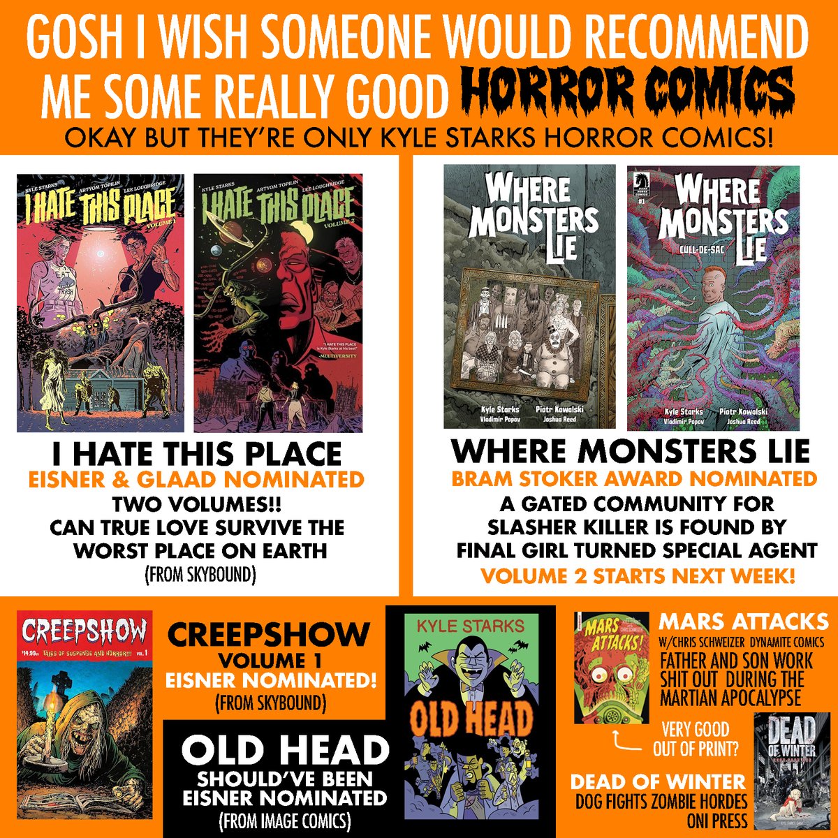 TheKyleStarks's tweet photo. Hey I bet you were wondering what the best horror comics (by Kyle Starks) are well let me tell you what- https://t.co/ejovgOBpdF