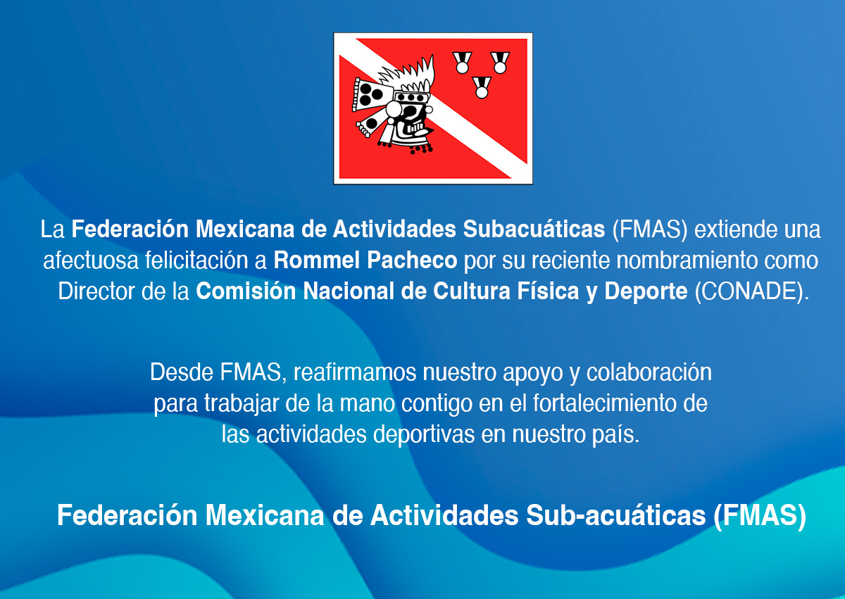 🏅🤿 Desde la Federación Mexicana de Actividades Sub-acuáticas (FMAS), queremos extender nuestras más sinceras felicitaciones a <a href="/Rommel_Pacheco/">Rommel Pacheco</a>   por su nombramiento como Director de la @CONADE

Estamos seguros de que su dedicación llevarán al deporte mexicano a nuevas alturas 🇲🇽