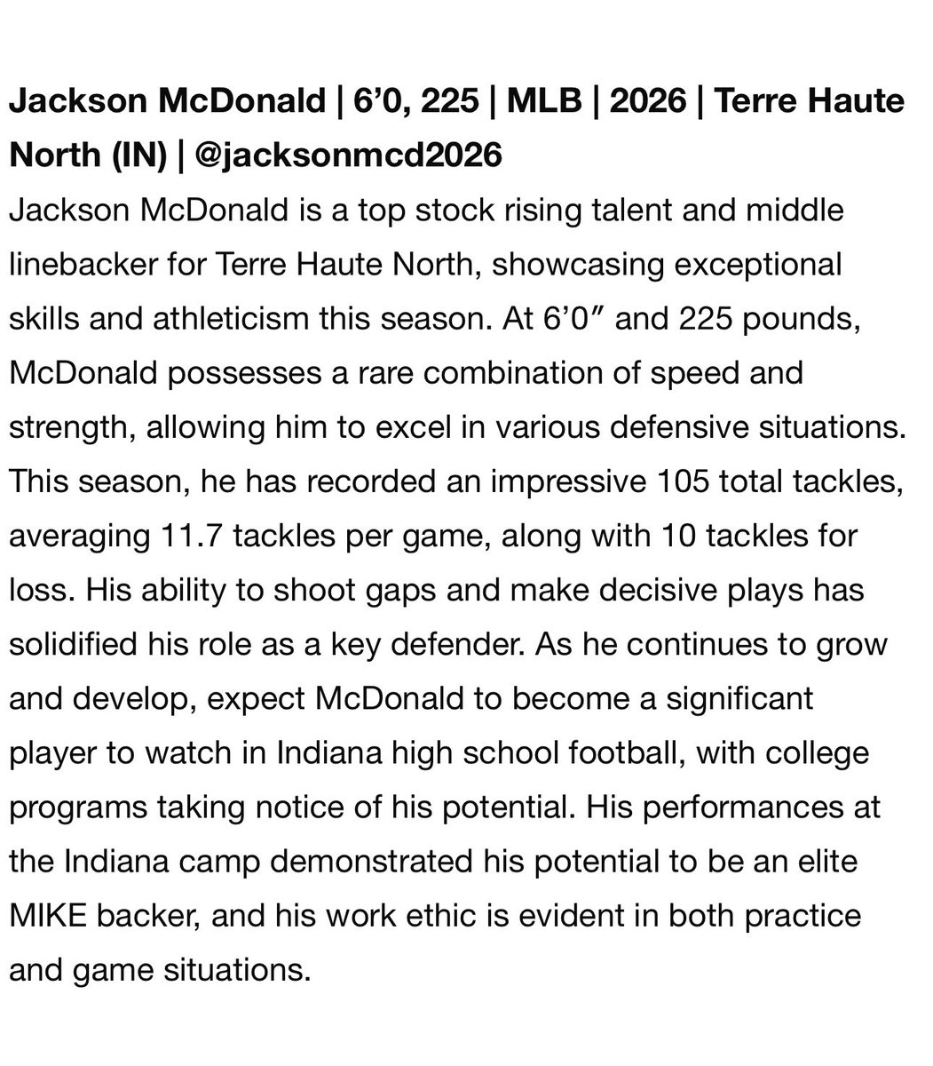Jackson McDonald (@jacksonmcd2026) on Twitter photo Thank you for the write up.
I appreciate it!
<a href="/sixstarfootball/">Six Star Football | PLUS+</a>
<a href="/THNfootball/">Terre Haute North Football</a>
<a href="/MichaelGhantJr/">Michael Ghant Jr</a> Thank you for the write up.
I appreciate it!
<a href="/sixstarfootball/">Six Star Football | PLUS+</a>
<a href="/THNfootball/">Terre Haute North Football</a>
<a href="/MichaelGhantJr/">Michael Ghant Jr</a>