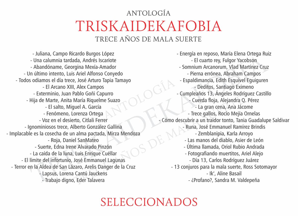 📷 RESULTADOS de la Convocatoria para la Antología "Triskaidekafobia: Trece Años de Mala Suerte" 📷 #Convocatoria #LenguaDeDiablo13
📷
Gracias a quienes se atrevieron a explorar la oscuridad y el misterio del número 13 📷 acá 33 + 7 textos (para la buena suerte) seleccionados.