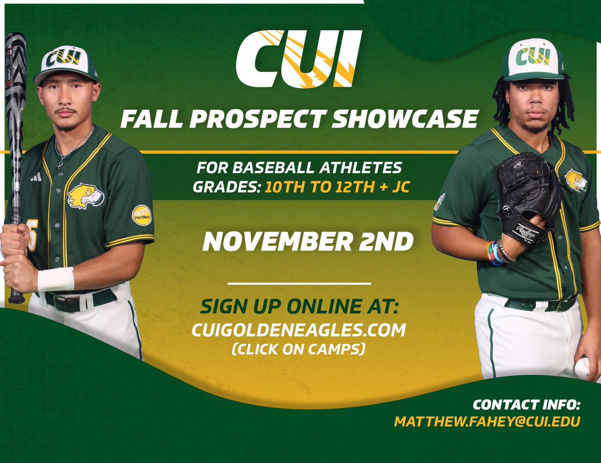 Our CUI BASEBALL FALL PROSPECT
SHOWCASE is coming up fast! Sign up through the link below, to show your skills in front of the entire baseball staff. #CUWork 🦅 

…deneaglesbaseballcamps.totalcamps.com/shop/product/3…