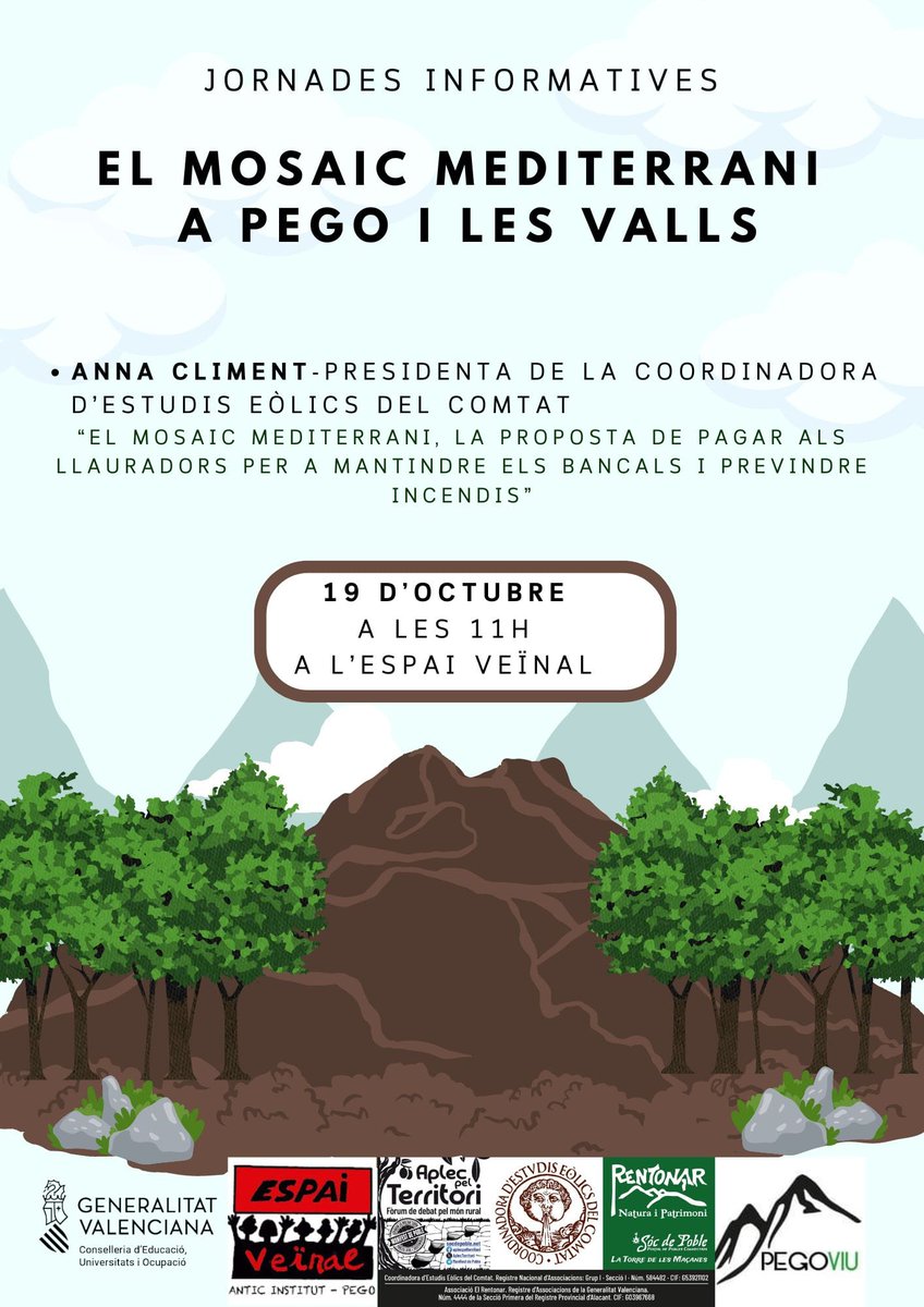 pego_viu's tweet photo. Vos convidem a totes les persones interessades en el món rural a debatre, el dissabte 19 d'octubre a Pego, sobre la interessant proposta de pagar als llauradors per mantindre els bancals. https://t.co/ng5TvPL9MS