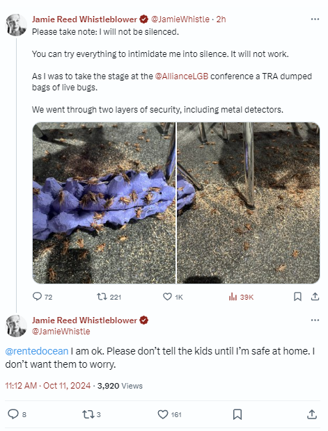 Jamie Reed, after having her speech interrupted by trans kids pouring crickets into the room, reaches out to her detrans spouse as if her life is in danger from the bugs.

Notably, her actions have likely contributed to the deaths of trans youth by suicide in recent months.