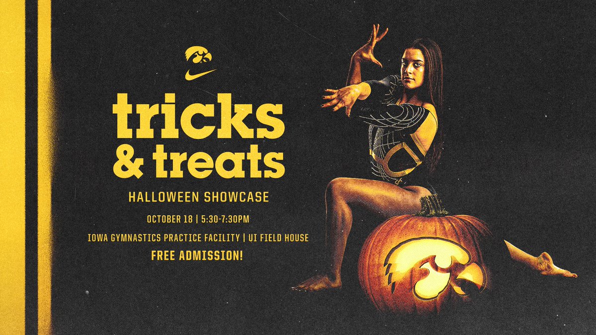 Join us for our annual 𝙏𝙍𝙄𝘾𝙆𝙎 &amp; 𝓣𝓻𝓮𝓪𝓽𝓼 Halloween Showcase!

🗓️ Friday, October 18
⌚ 5:30-7:30pm
📍 Iowa Gymnastics facility
🆓 Free Admission
🍬 Candy 
🧛 Costumes encouraged! 

🎃🕸️👻 | #Hawkeyes