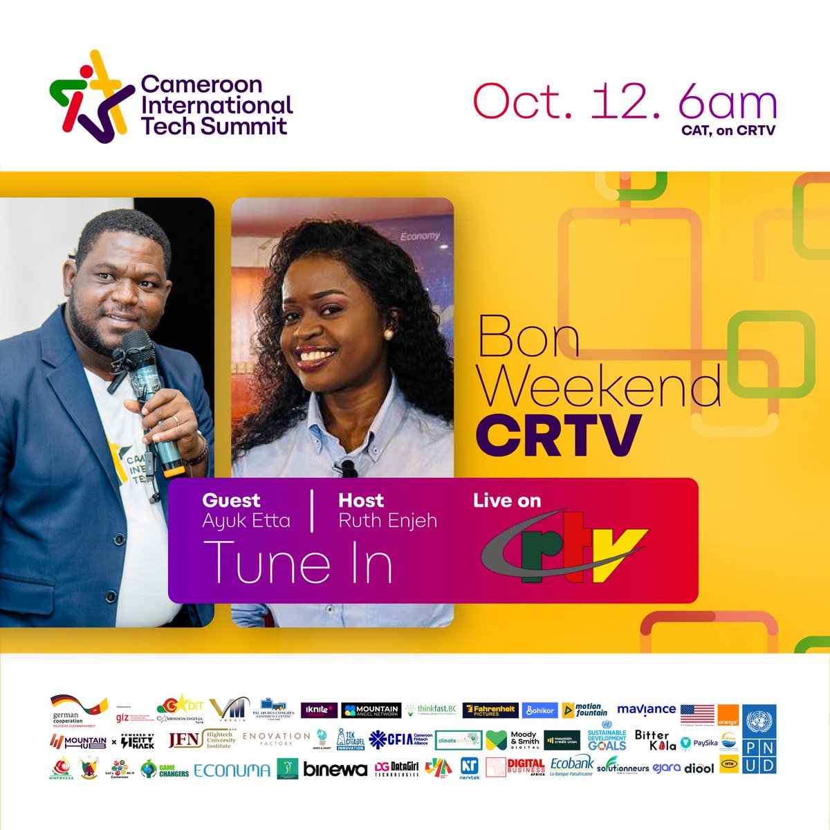 🚀 𝐆𝐞𝐭 𝐑𝐞𝐚𝐝𝐲 𝐟𝐨𝐫 𝐒𝐨𝐦𝐞𝐭𝐡𝐢𝐧𝐠 𝐁𝐢𝐠! 🚀

Join our president, Ayuk Etta, tomorrow at 6am CAT on Bon Weekend CRTV as we talk all things tech and innovation ahead of the CITS24! 🎉Tune in live!

Register your interest citscm.com

#CITS24 #pnudcameroun