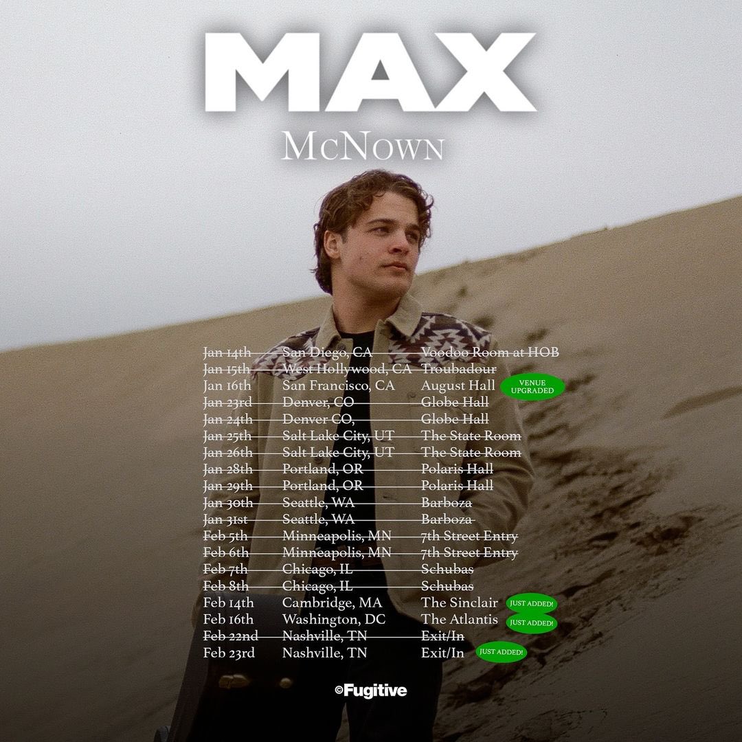 maxwmcnown's tweet photo. Just announced some new shows!! Tell me where I’ll see you! #maxmcnown https://t.co/rF8h6a7Vl7