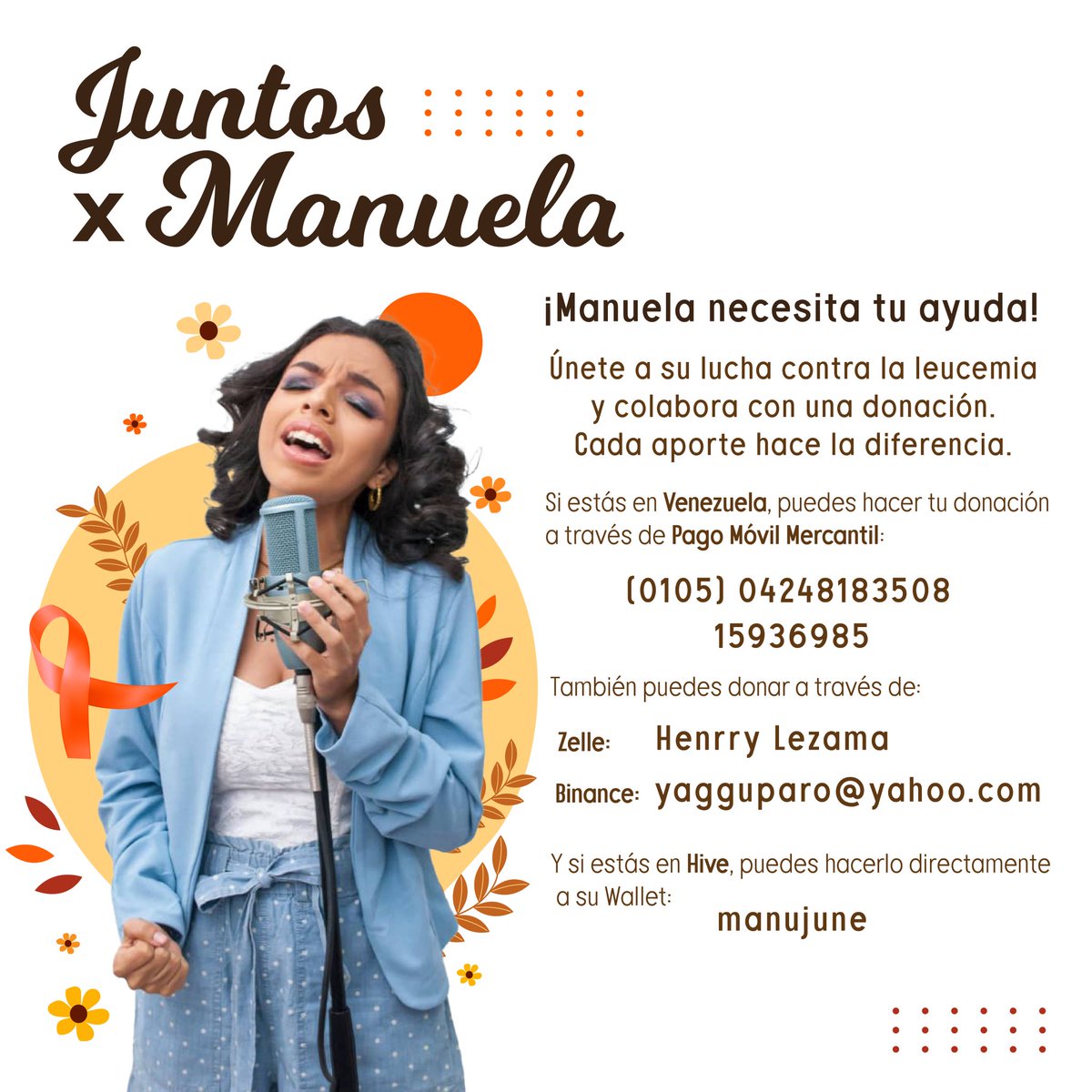 GM bellezas 🤗💕 

Seguimos en la campaña #JuntosPorManuela en su lucha la Leucemia.

Únicas cuentas oficiales para donaciones son las que salen en la imagen.

🚫No estamos proporcionando ninguna otra Wallet o Cuenta Bancaria🚫

Ayudemos para que su luz siga Brillando ✨