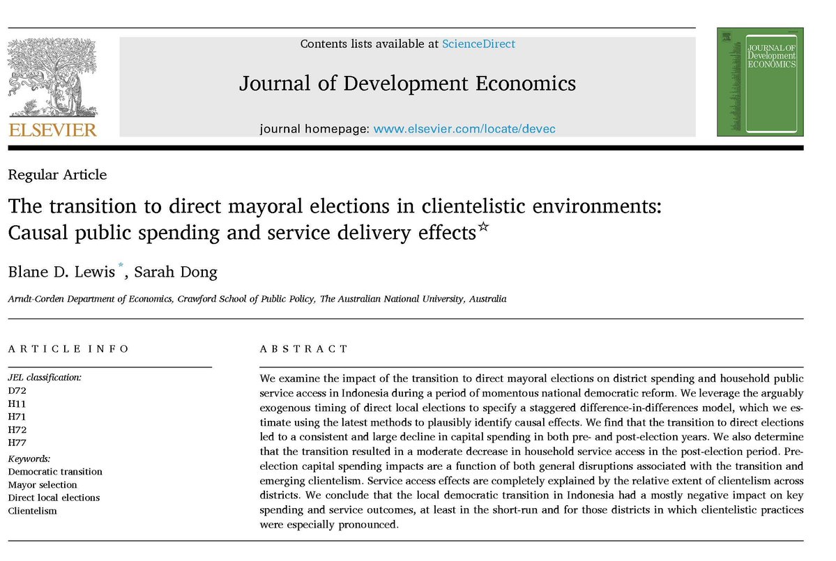 Interested in political economy of local elections? We find that Indonesia's local democratic transition had a mostly negative impact on key public spending and service outcomes, especially in districts where clientelistic practices were pronounced. 
authors.elsevier.com/sd/article/S03…
