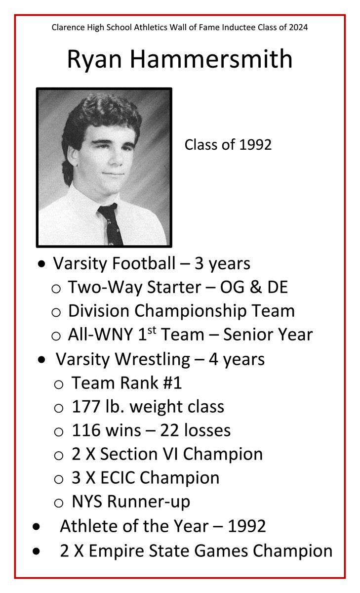 Clarence Athletic Wall of Fame Class of 2024 #ClarenceProud <a href="/ClarenceCsd/">Clarence Central School District</a> <a href="/ClarAthletics/">Clarence PE, Health & Athletics</a>
<a href="/CHS_Devils/">CHS Red Devils</a> <a href="/ClarenceMiddle/">ClarenceMiddleSchool</a> <a href="/ClarCtrElem/">Clarence Center Elementary School</a> <a href="/HarrisHillES/">Harris Hill Elementary School Heroes</a> <a href="/goledgeview/">Ledgeview Elementary</a> <a href="/SheridanHillSh1/">SheridanHillSharks</a> <a href="/TheClarenceBee/">The Clarence Bee</a> <a href="/CVH_Central/">Clarence Fed Hockey</a> @REDDEVILSVFB
<a href="/ClarHSsoftball/">Clarence HS Softball</a> <a href="/ClarWrestling/">Clarence Wrestling</a> @REDDEVILSVFB <a href="/CoachBooker12/">ClarenceGirlsVarsityBasketball</a>
