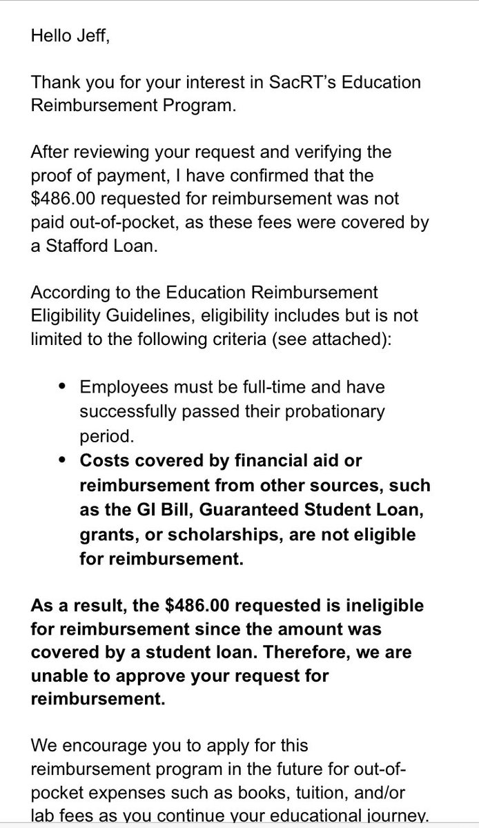 My employer <a href="/RideSacRT/">Sacramento Regional Transit</a> <a href="/sacrt_henry/">Henry Li</a> pays me poverty level wages. Then offers tuition reimbursement but denies my reimbursement because I had to take out a loan to pay for school because they pay me poverty level wages. <a href="/GavinNewsom/">Gavin Newsom</a> <a href="/LorenaSGonzalez/">Lorena Gonzalez Fletcher</a> <a href="/veenadubal/">Veena Dubal</a> <a href="/ATUComm/">ATU, Transit Union</a>