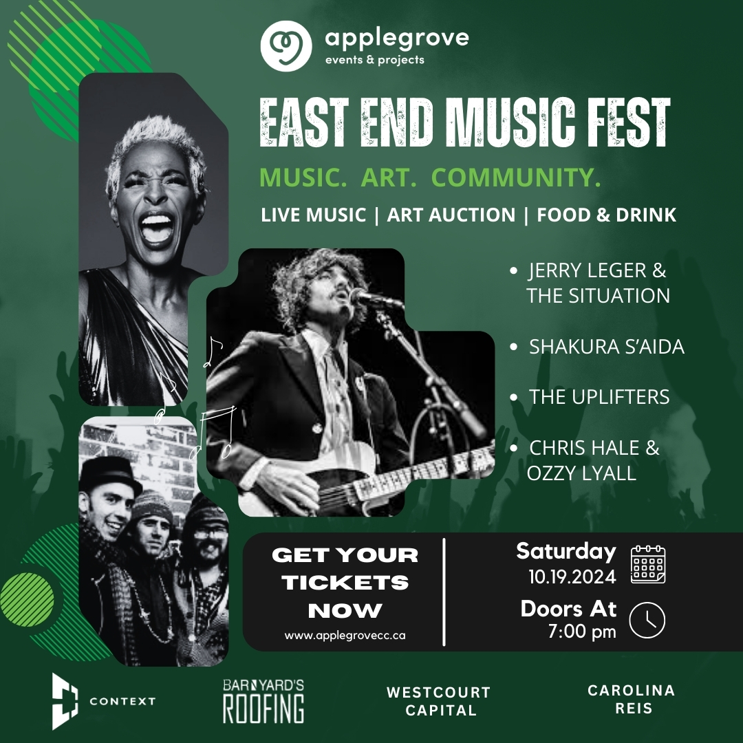 Check out this fun fundraising event our friends at Applegrove are putting together! 🎸🎶

Tickets on sale at applegrovecc.ca

East End Music Fest 2024
East End Food Hub. 1470 Gerrard St. E.
Saturday, October 19, Doors @ 7 PM.
This is a 19+ event.