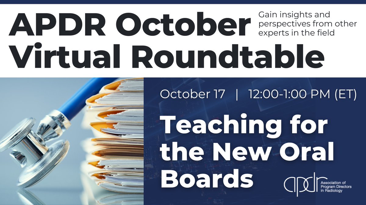 #RadPDs, #RadAPDs, #RadPCs &amp; other <a href="/theAPDR/">The APDR</a> members: Spread the word about our next Roundtable on October 17, 12 PM EST on Zoom. 

Go to us06web.zoom.us/webinar/regist…

#AARad #APDR #radiology #RadEd #MedEd #research