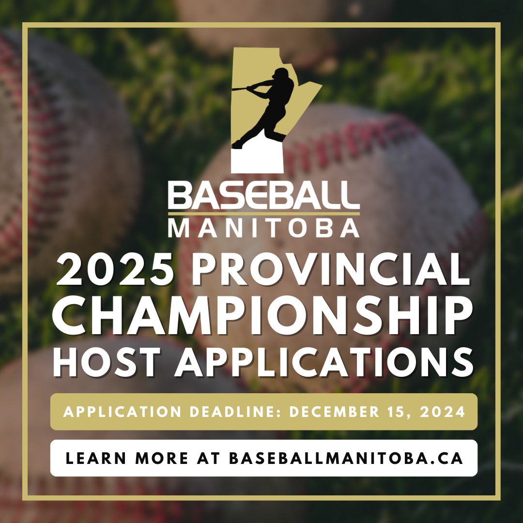 BaseballMB's tweet photo. 2025 Provincial Championship Host Applications are open! We are accepting applications from communities, leagues, and community clubs interested in hosting a 2025 Provincial Championship. Learn more on our website! ⬇️

🔗: https://t.co/vOcMylajbw https://t.co/4f78Upvieg