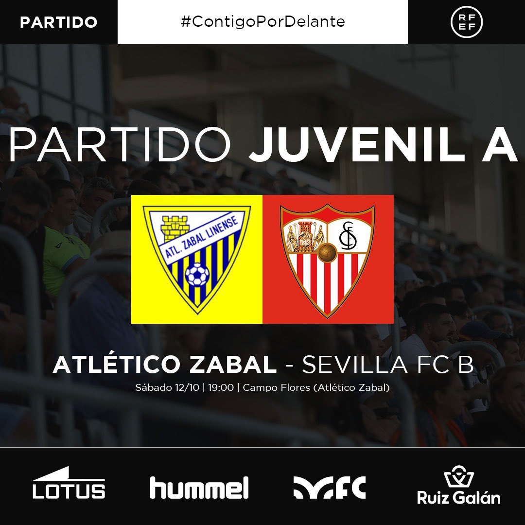 💛 ¡𝐏𝐀𝐑𝐓𝐈𝐃𝐀𝐙𝐎 𝐀 𝐋𝐀 𝐕𝐈𝐒𝐓𝐀! 💙

🏟️ Nuestro juvenil A recibe mañana sábado a las 19:00 al juvenil B del Sevilla FC.

🟡 El equipo zabalista suma 10 puntos en las primeras 5 jornadas, lo que le permite pelear por los puestos de arriba.

🔴 Los sevillistas llegan a La