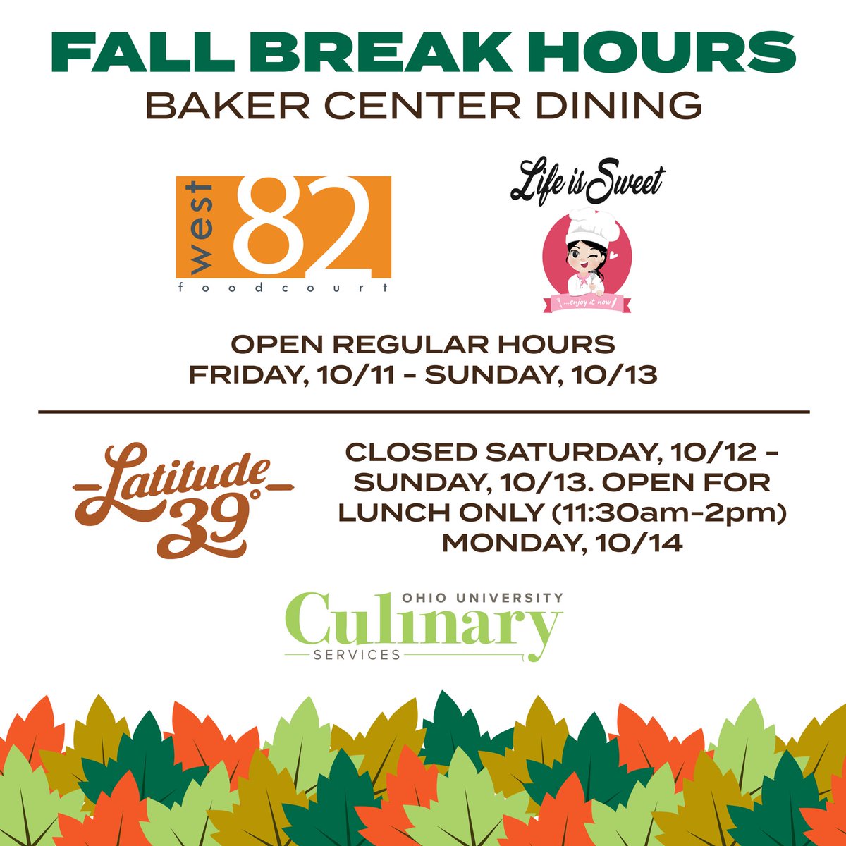 🍂🐾Enjoy the break, Bobcats! 🐾🍂

⭐️Make sure you check out the OHIO Eats App for Hours of Operation before heading to your fave spot. ⭐️

#ohiouniversity  #OhioUniversity #ohiofood #ohioeats