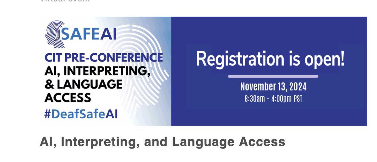 This seminar provides context to the Guidance on AI and Interpreting Services for using automated interpreting by artificial intelligence (AIxAI). 
actionnetwork.org/ticketed_event…
Disponible en español hablado
English and ASL
English transcription
#DeafSafeAI