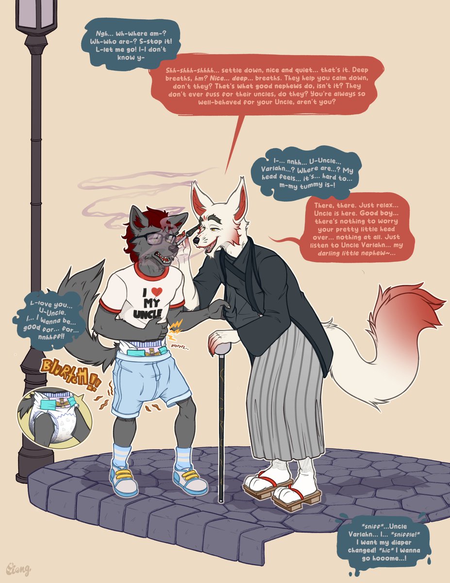 Just a little sniff of uncle's perfume is enough to put you on your place baby boy, that's right, no adult thoughts, just little talk and filling your pampers, don't worry about leaking, that's uncle's job anyway pup~ 🐺💫 Commission for the Best Boy @FurlockODonnell