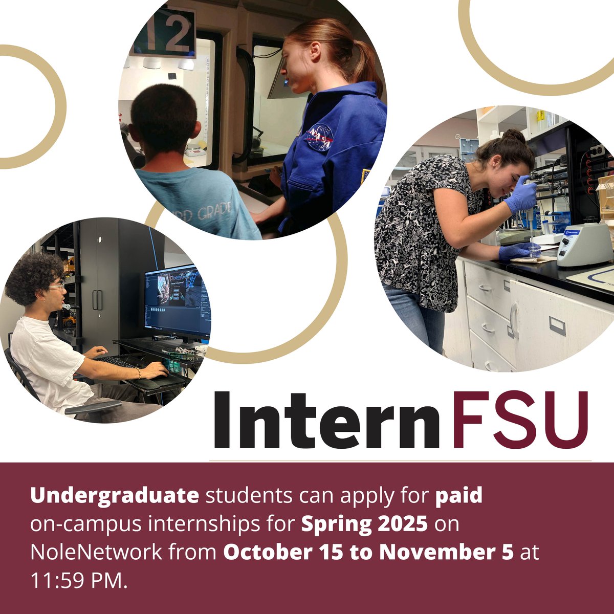 Applications for the Spring 2025 session of #InternFSU open Oct. 15! Apply for paid, on-campus internships that span a wide variety of disciplines.

Log in to NoleNetwork to view all opportunities and apply fsu-csm.symplicity.com/students/app/h…