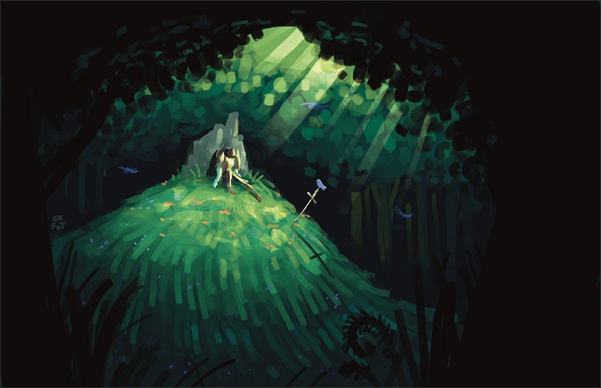 Fullofteeth's tweet image. The clearing the Colossus spends its repose in is isolated from the realm's chaos and fear. No fearsome beasts pass the trees, and one can hear only the chirping of birds and the rustling of the leaves. #oc #art