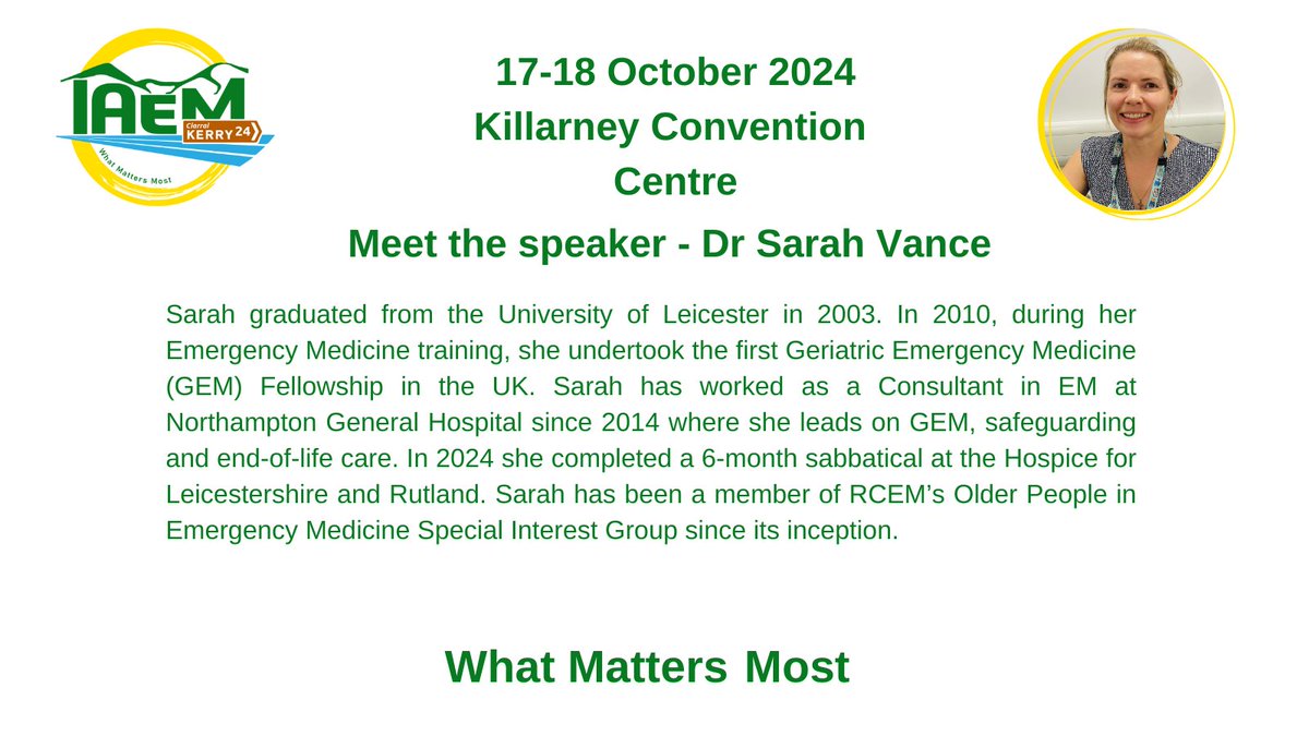 AssocEmergMedIE's tweet image. Ahead of #24IAEM here's a chance to meet the speakers who will be helping us consider #WhatMattersMostEM
On Thursday morning we begin with the end with Dr Sarah Vance and Dr Mary Buckley among the speakers
Registration: bit.ly/4dkj1a3
More info: bit.ly/3XlYagO