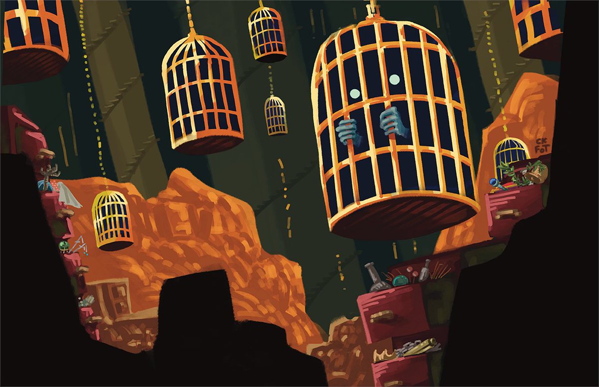 Fullofteeth's tweet image. The sorcerer Malterux's atelier is a sprawling maze, filled to its rafters with his stolen hoard. Nothing that has ever been brought inside has ever left its gilt chambers. #oc #art