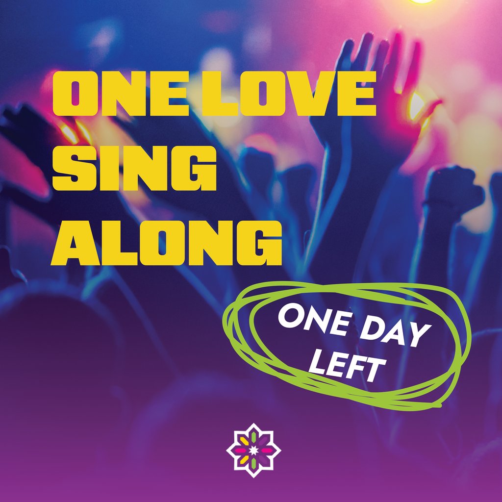 One day to go! Get ready to raise your voices at our One Love Singalong tomorrow. Let's come together to celebrate the power of music and community. Don't miss out on this unforgettable event - see you there!