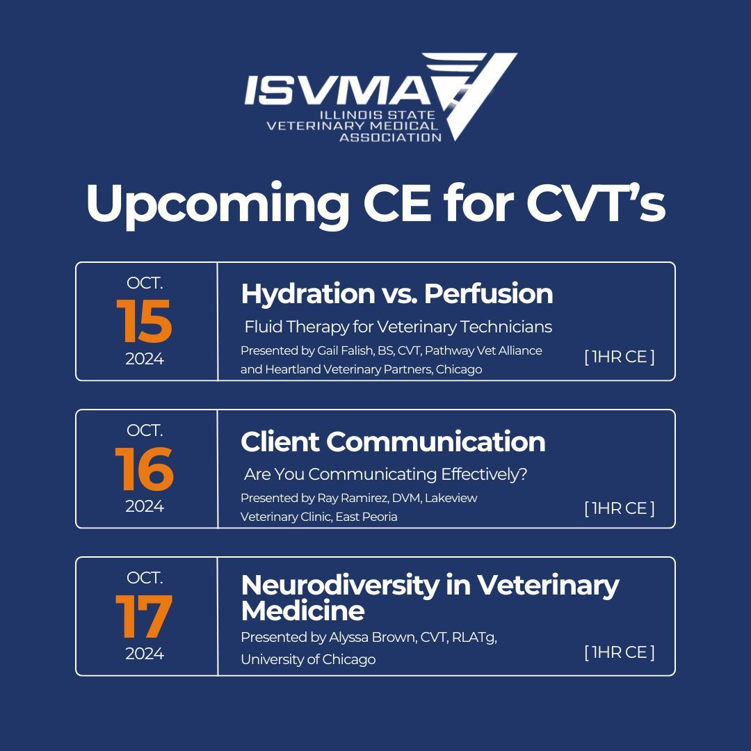 illinois_vma's tweet image. 🎉 Celebrate CVT Week with Free CE Courses! 🎉

In honor of Certified Technician Week (Oct. 13-19), ISVMA’s CVT Committee is offering a special CE curriculum for CVTs and CVT students—and it’s all FREE!
#vettech #vettechlife #vettechstudent #vettechweek
#veterinarytechnician