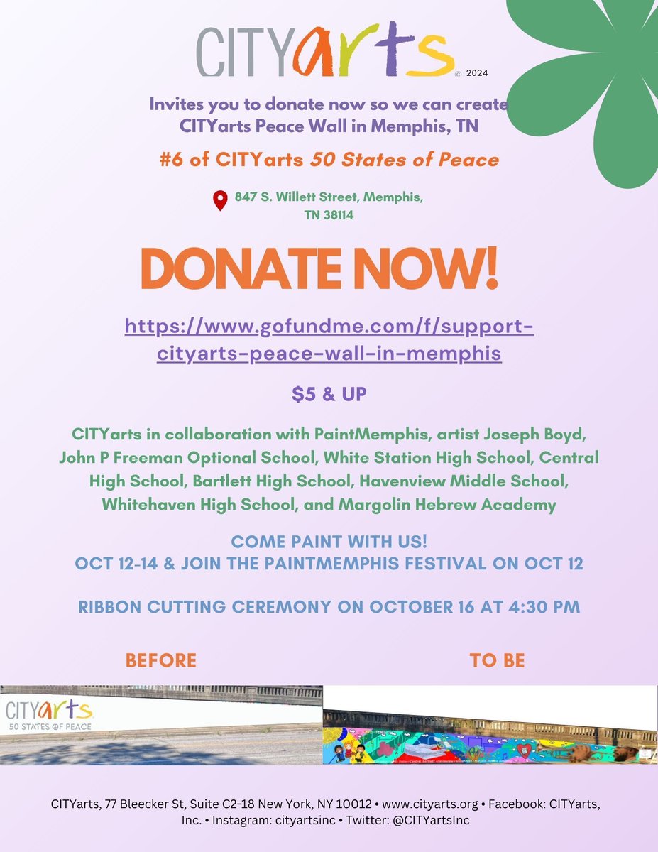 Join us in supporting CITYarts Peace Wall in Memphis TN#6! Witness the incredible transformation of individual pieces created by students into a vibrant wall of creativity. Please donate to the GoFundMe dedicated to bring these visions to life.