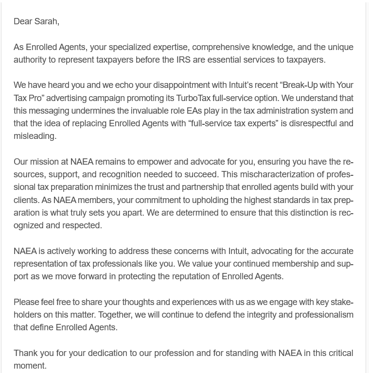 Looks like <a href="/Tax_Experts/">National Association of Enrolled Agents (NAEA)</a> has heard the complaints from tax pros about <a href="/Intuit/">Intuit</a>'s new ad.