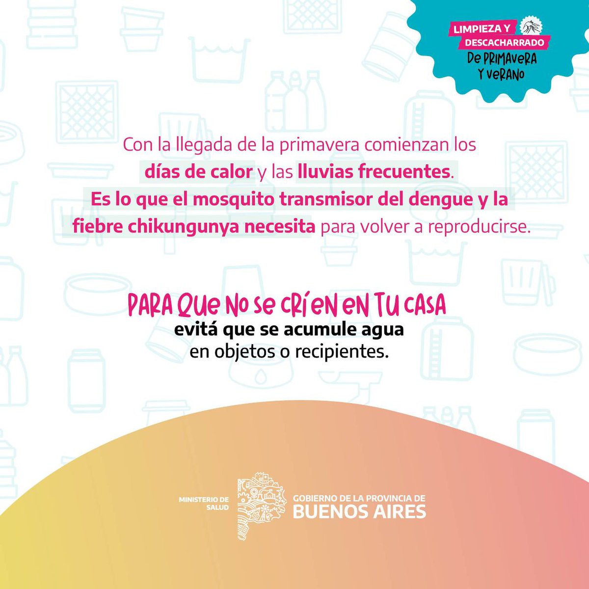 No esperemos que el denge sea un problema ❌🦟.

Es importante que durante la primavera y el verano intensifiquemos la prevención con tareas de limpieza y descacharrado en nuestra casa y lugar de trabajo.