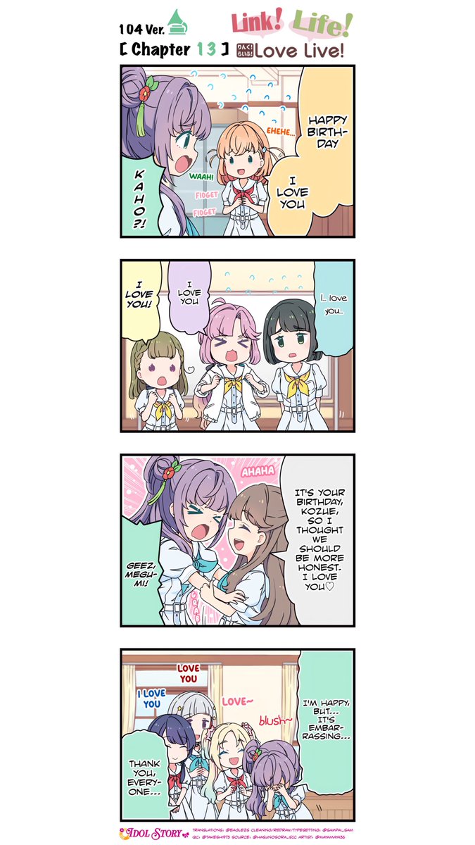 [Link! Like!] 💬Link! Life! Comic💬
🪷[104 Ver. Chapter 13]🪷

Happy belated birthday, Kozue! 📣
We love you! 💚

↓ JP ver. &amp; HQ EN ver. ↓
🌟 idol.st/comic/226/Link… 🌟

#LoveLive #蓮ノ空
#リンクラ #リンクラ4コマ