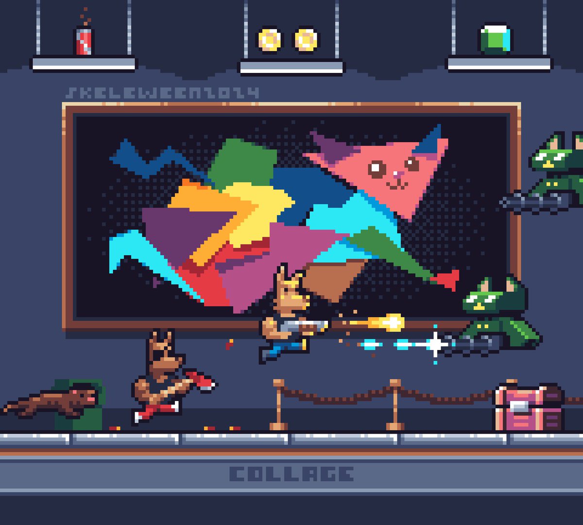 mistertabasc0's tweet photo. #skeleween2024 day 8 and 9: Animal and Collage! Eddi, Bazooka, and Blitz are fighting their way through waves of cat bots and ugly artworks… #pixelartist #pixelart #gameart @9voltwiseman https://t.co/M6OkN7KEsg