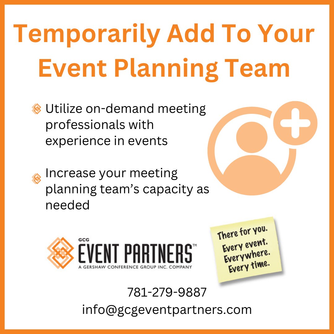 GCGep's tweet photo. There are many reasons to temporarily expand your event planning team. Experienced professionals hit the ground running.
#eventprofs #eventsindustry #meetingprofs https://t.co/kjSUSOEJZK