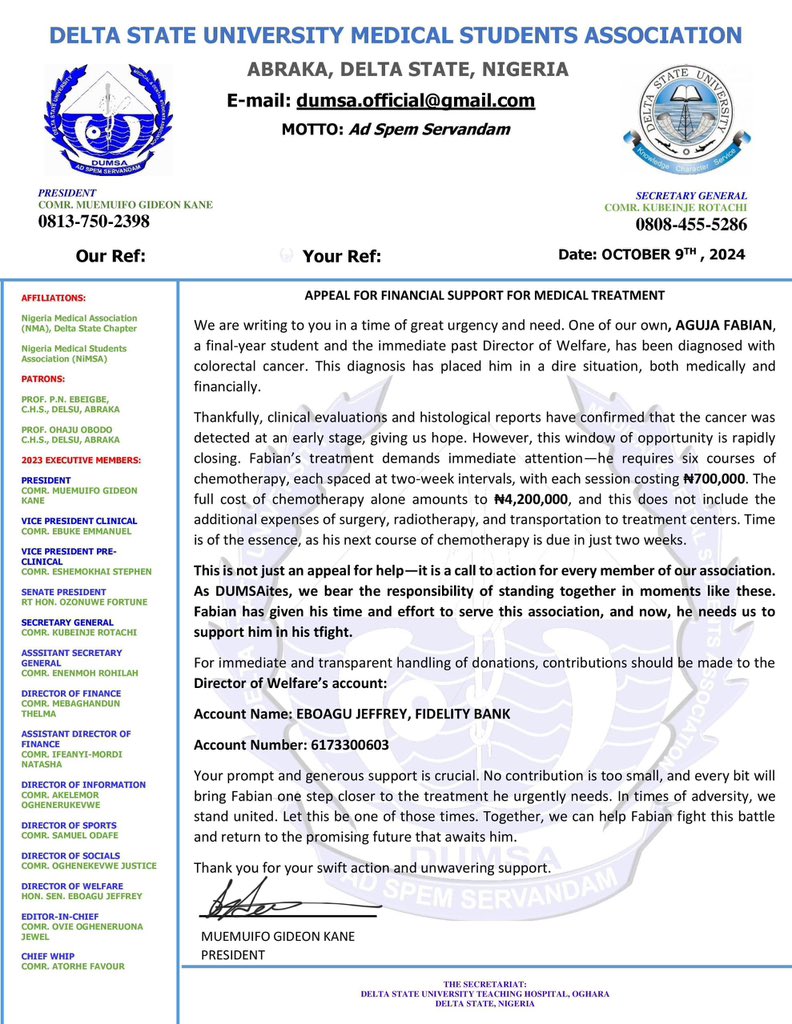 Urgent Call for Help: Final Year Medical Student Diagnosed with Colorectal Cancer.

I have just received devastating news that Aguja Fabian, a final year medical student at Delta State University, has been diagnosed with colorectal cancer. Fortunately, his condition was detected