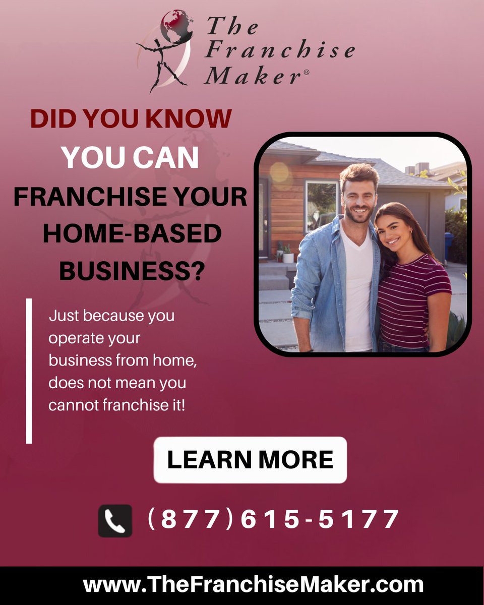 TheFranMaker's tweet photo. 🏠Franchising your home-based business is attractive due to low startup costs, no need for a lease or build-out expenses. Easy win for franchisees.

👉Franchising a Home-Based Business:
https://t.co/fSJarRBUwr

#homebased #growbusiness #entrepreneurs  #businessowner #franchising https://t.co/QrFqfX4BmM