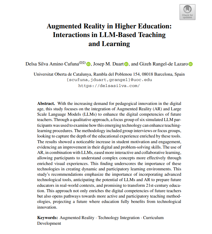 Delsa Silva Amino Cufuna (@aminodelsa) on Twitter photo New conference article published in Springer:
Cufuna, D.S.A., Duart, J.M., Rangel-de Lazaro, G. (2024).
Link: //lnkd.in/dDrWv-VE
Thanks thanks to the predoctoral program @AGAUR-FI grants (2024 FI-3 00065) Joan Oró of the Secretariat of Universities and <a href="/UOCuniversidad/">UOCuniversidad</a> New conference article published in Springer:
Cufuna, D.S.A., Duart, J.M., Rangel-de Lazaro, G. (2024).
Link: //lnkd.in/dDrWv-VE
Thanks thanks to the predoctoral program @AGAUR-FI grants (2024 FI-3 00065) Joan Oró of the Secretariat of Universities and <a href="/UOCuniversidad/">UOCuniversidad</a>