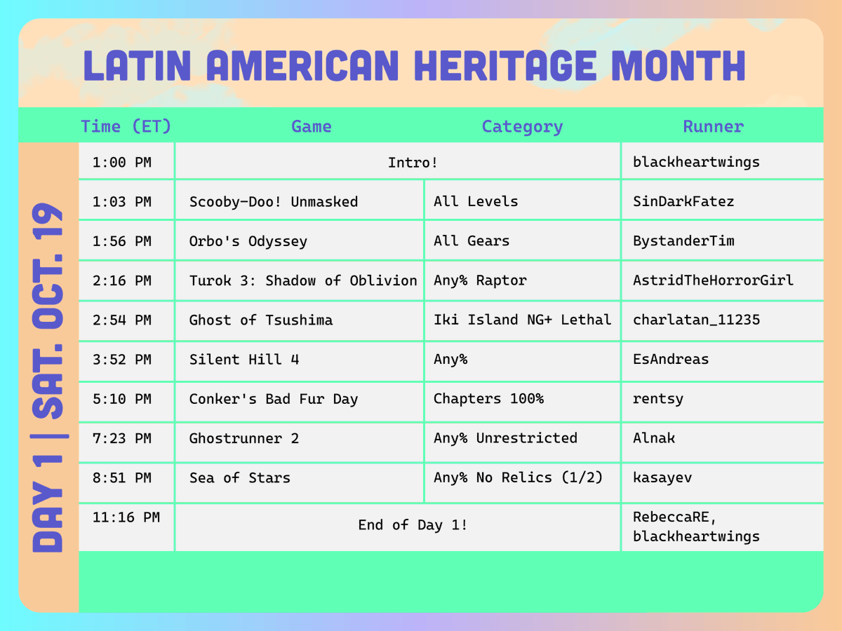 GamesDoneQuick's tweet photo. Here's our updated schedule for Latin American Heritage Month!!!

Join the celebration next weekend on Oct. 19th and 20th!! 🎉 https://t.co/MGxYzGIwJ3