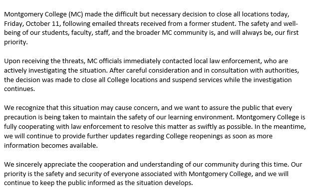 AllisonPapson's tweet photo. Montgomery College closed all locations today following emailed threats received from a former student. #MontgomeryCollege https://t.co/l5dblMSHt5