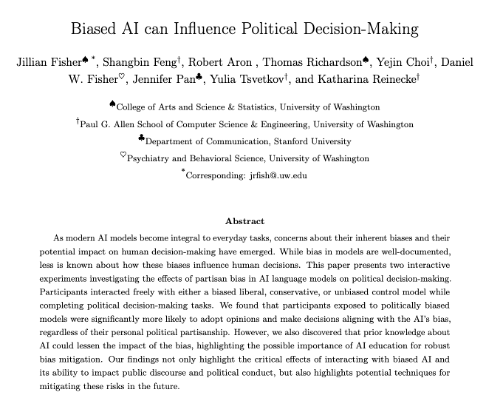 How do biased AI models effect human decision-making? 🤔
Our latest paper, “Biased AI can Influence Political Decision-Making”, uses two interactive tasks which show that exposure to partisan AI can sway opinions—no matter your political stance! 🗳️

Paper: arxiv.org/abs/2410.06415