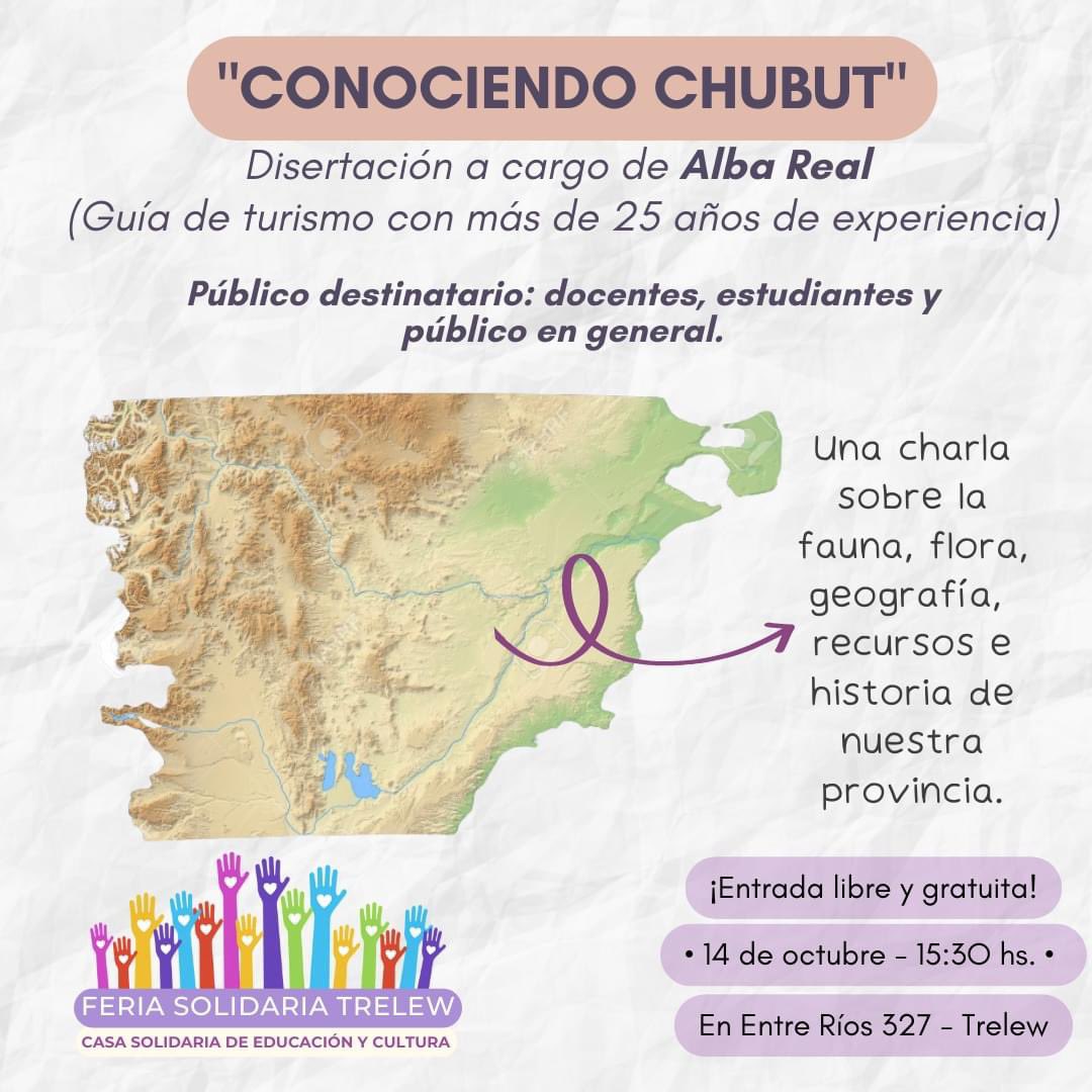 FeriaTrelew's tweet photo. #CasaSolidaria🏠💜 ¿Cuánto sabemos de nuestra provincia? ¡Vamos a conocer un poco más sobre la flora, fauna, recursos, geografía e historia del territorio chubutense! ❤️

✍🏽 ¡Para agendar!: 
 🗓️14 de octubre. 
 ✅ Horario: 15:30 hs. https://t.co/bsxNtqmBlI