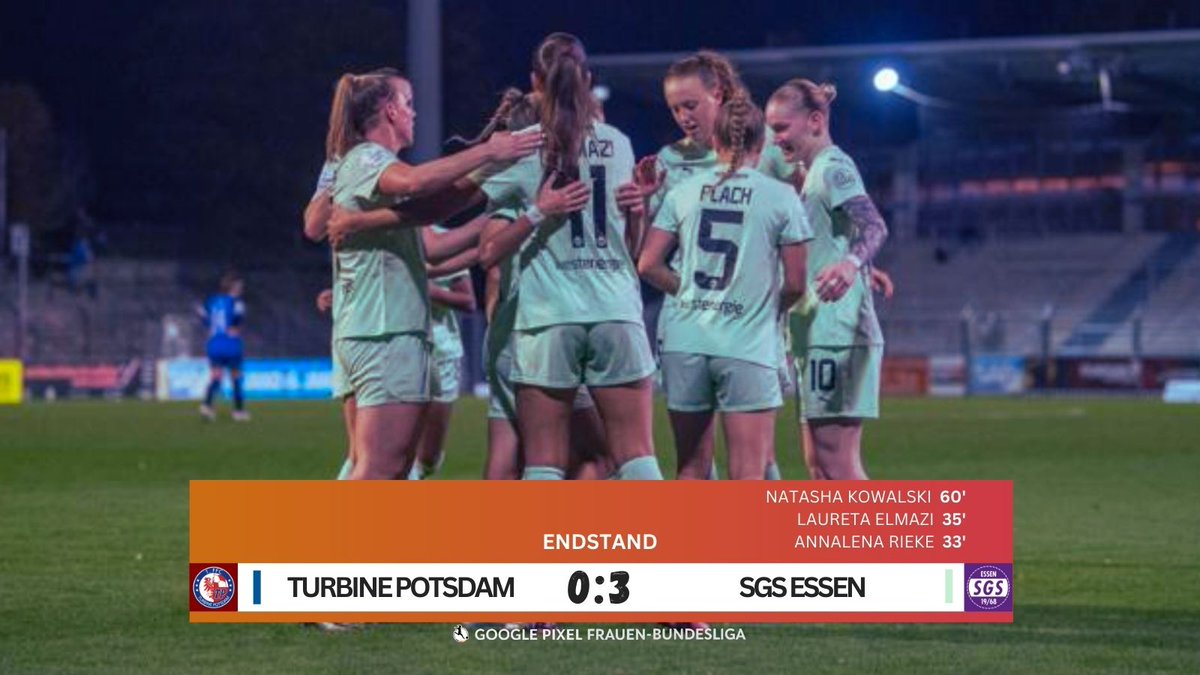 FFB_Ergebnisse's tweet photo. #Bundesliga | #DieLiga | 6.Spieltag | #PDMSGS
Auswärtssieg am Freitagabend: Die SGS Essen fährt einen ungefährdeten 3:0-Erfolg bei Turbine Potsdam ein https://t.co/2k3W1X4iUQ