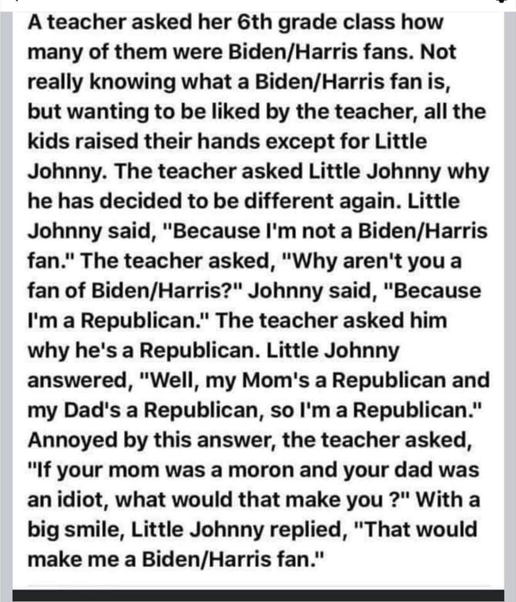 Sassafrass_84's tweet image. Gosh I love these little Johnny jokes. 

A moron and an idiot= Biden/Harris fan.
