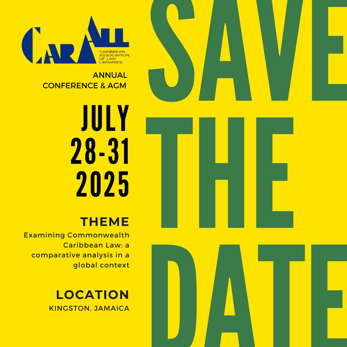 We are thrilled to announce that the Caribbean Association of Law Libraries 2025 Conference &amp; AGM will be held in Kingston, Jamaica. #CARALL #lawlibrarians