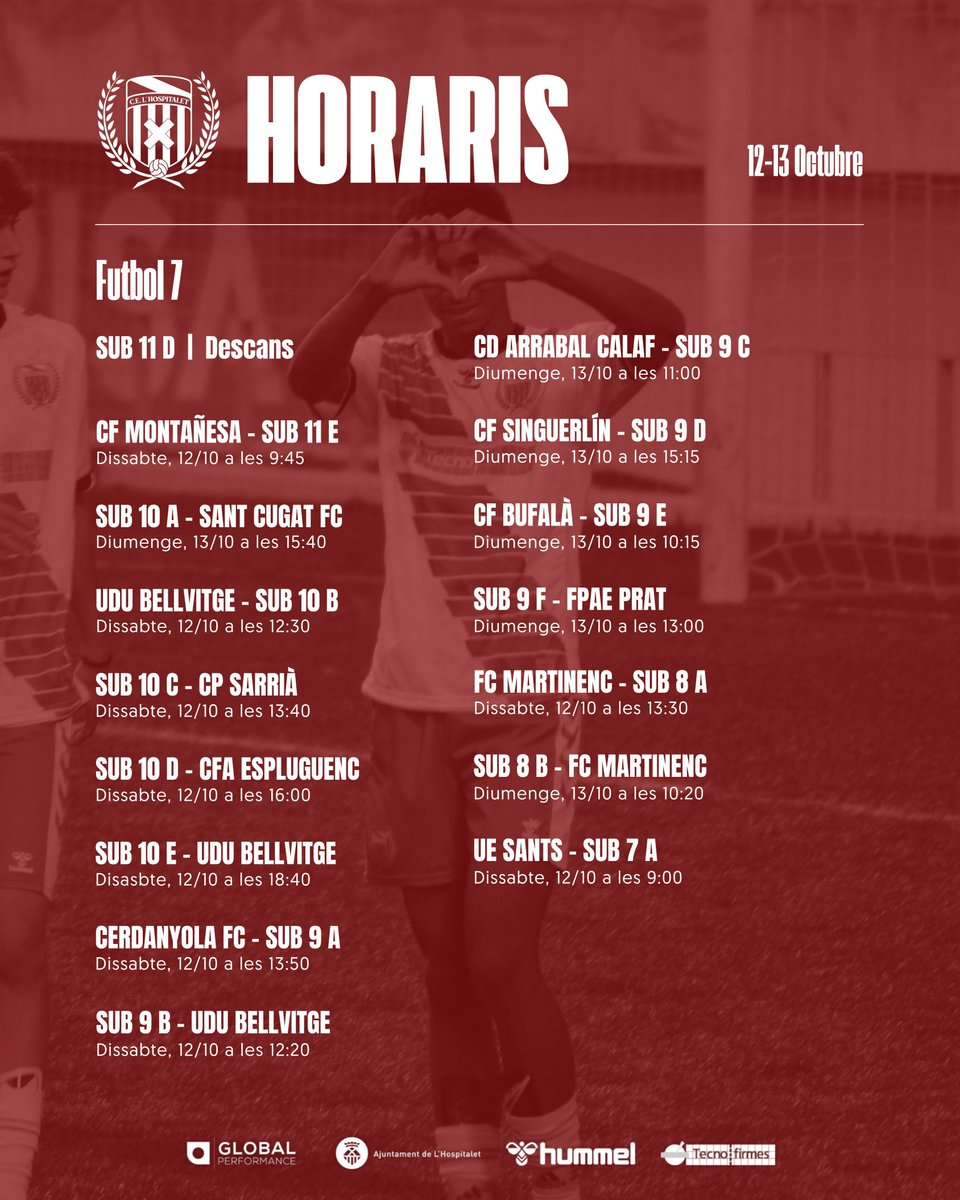 [AGENDA]

📌 El JA rep el <a href="/FutBaseCES/">Futbol Base CES</a> (Ds 18h) en el retorn de #LNJ7.
📌 El JB visita el camp de la <a href="/UniBellvitge/">U.D. Unificación Bellvitge</a> (Ds 18h).
📌 El CA visita la FAF L'Hospitalet i el CB rep el <a href="/FCCardedeu/">FC CARDEDEU</a>.
📌 El S14A visita la <a href="/uequart/">Unió Esportiva Quart</a> i el S14B rep el <a href="/VinyetsMoliVell/">CF Vinyets Moli-Vell</a>.

#SomhiHospi #SomFutur⚪️❤️