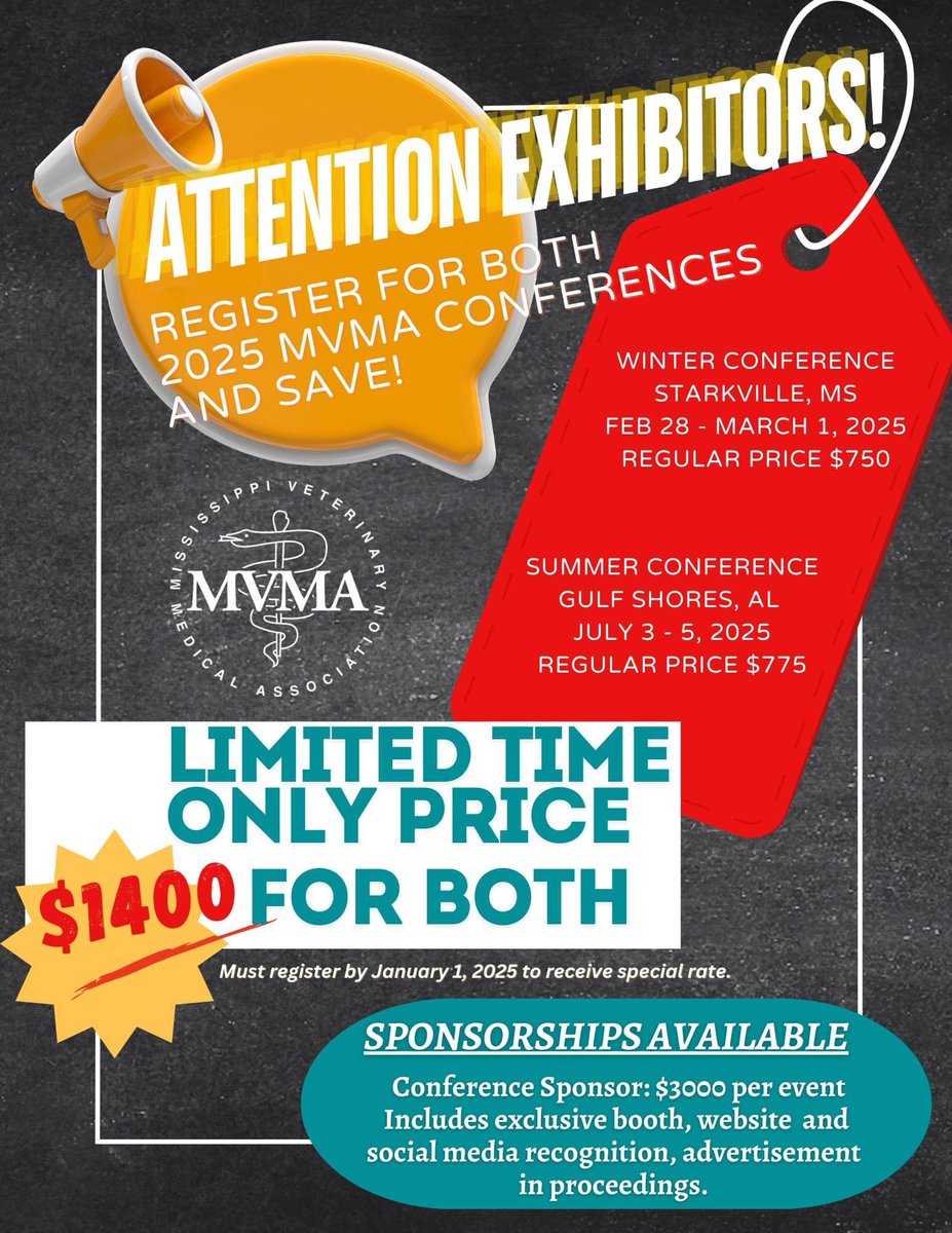 🚀 Exciting News for 2025! 🚀

We're gearing up for the MVMA Conferences, and invite you to be a part of it! Sign up early to secure exclusive discounts &amp; check out our Conference Package to exhibit at both Winter &amp; Summer conferences at a great rate. 🌟
msvet.org