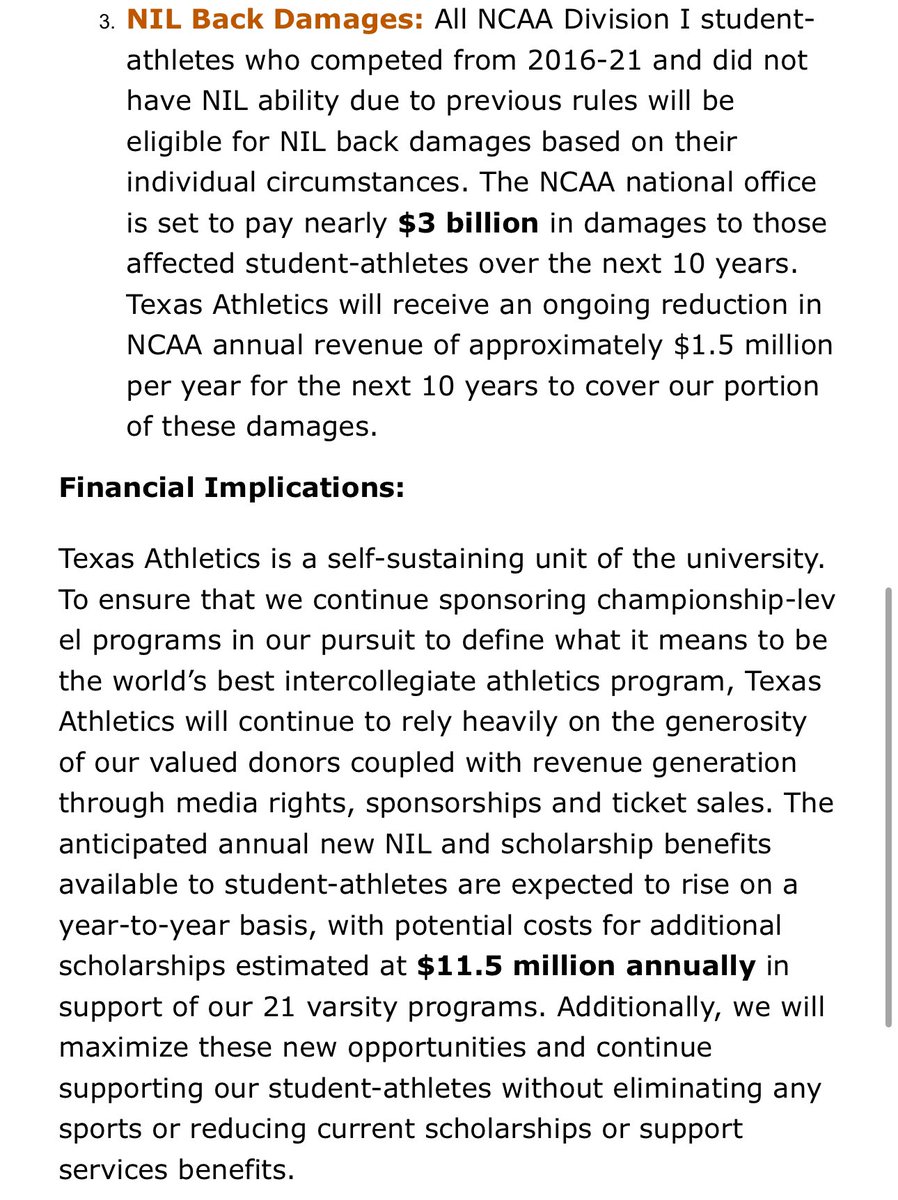 josephcook89's tweet photo. Texas AD Chris Del Conte just sent this email to donors explaining how the House v. NCAA case will affect the Longhorn athletic department if the settlement is approved on 4/7/25 https://t.co/QFjlWgh0KC