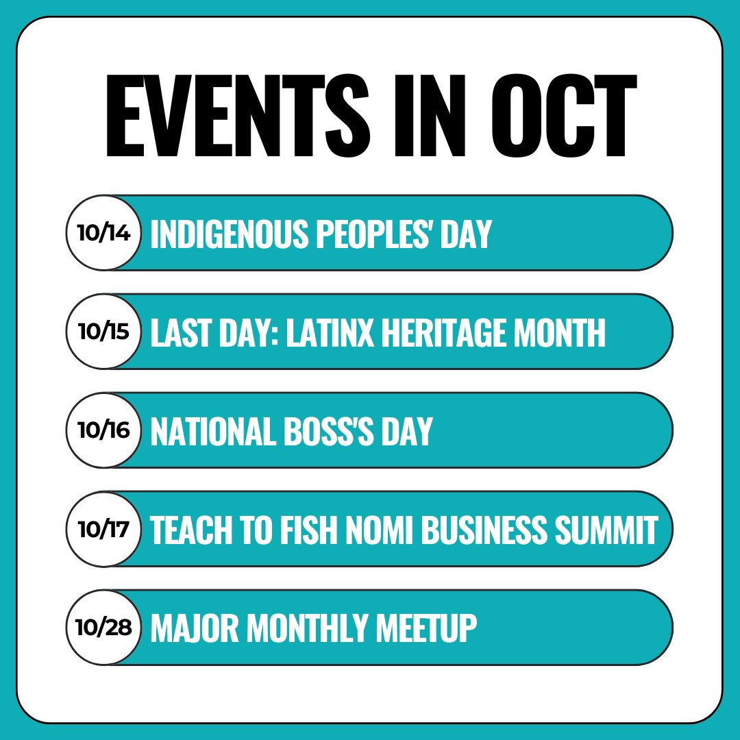 majoronestop's tweet photo. 🌟Here’s what we’re honoring and celebrating in October 🌟

#IndigenousPeoplesDay, #LatinxHeritageMonth, #NationalBossDay, #NomiBusinessSummit, and #InclusiveWorkplaces. https://t.co/7Ankkd2AGy