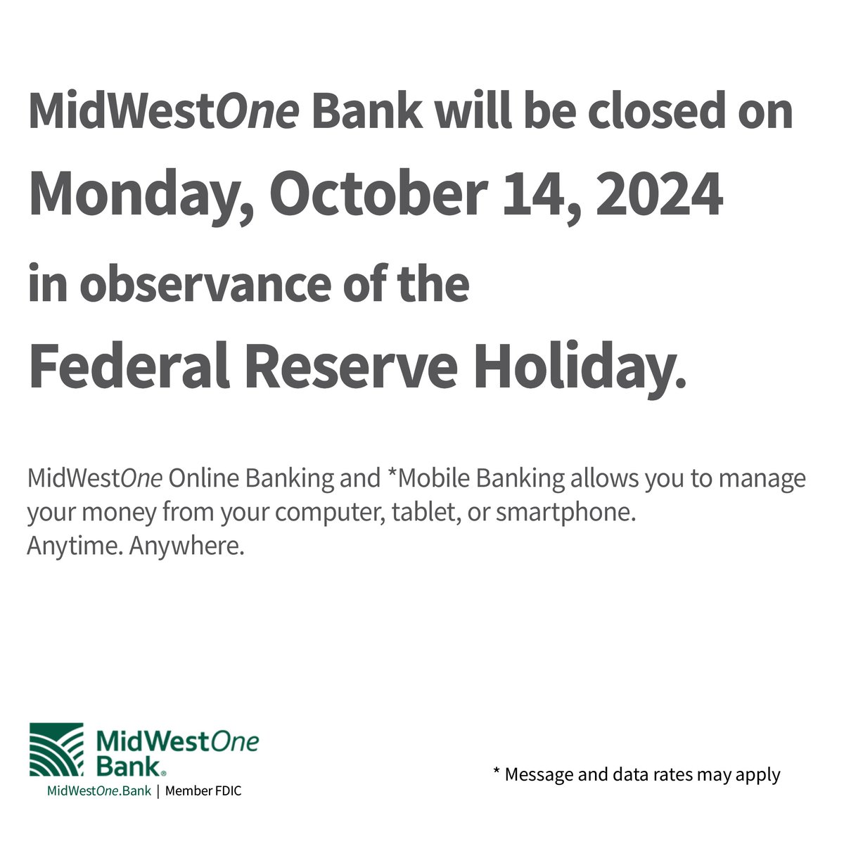 We will be closed on Monday, October 14, in observance of Indigenous Peoples Day/Columbus Day.