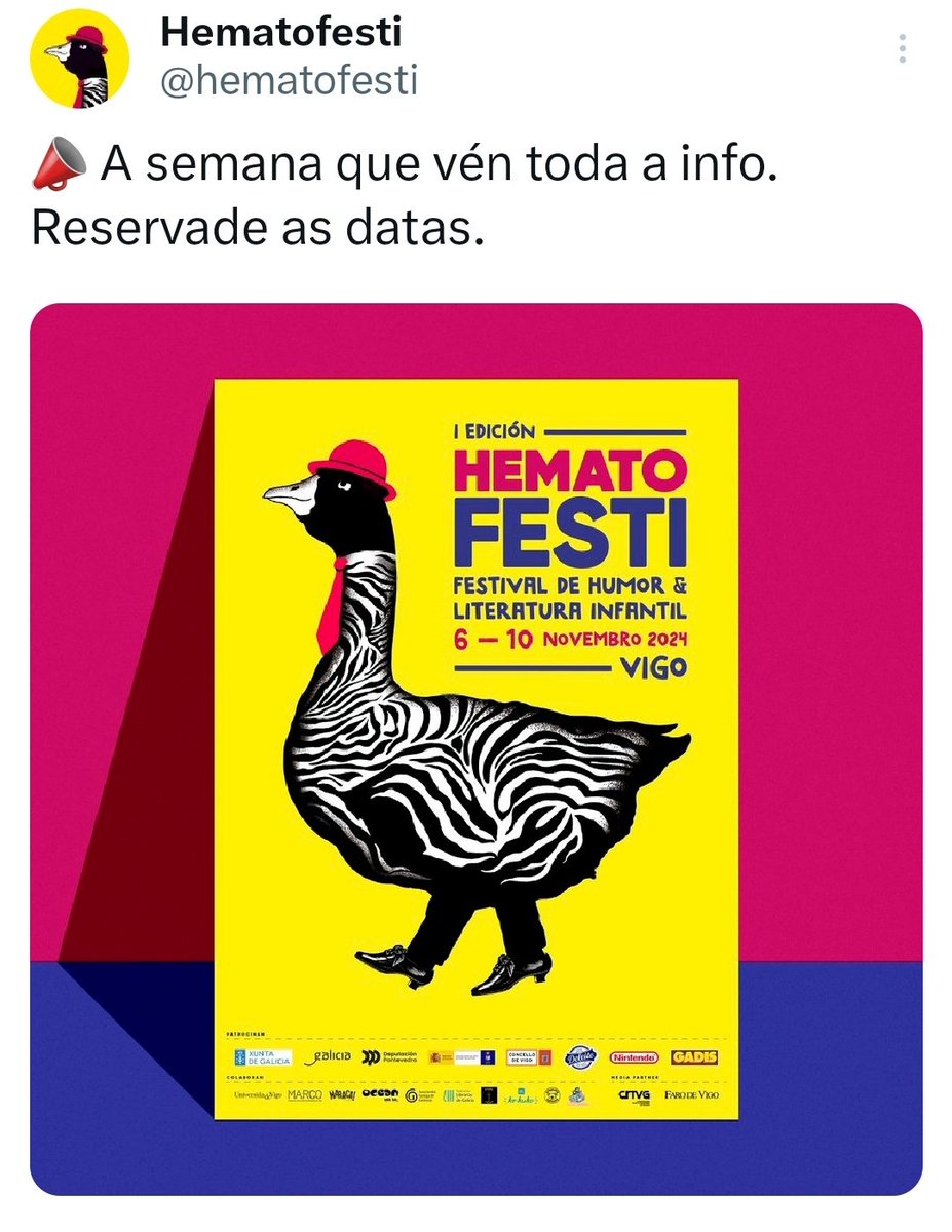 Ledicia Costas (@lediciacostas) on Twitter photo Nace el HematoFesti, Festival de Literatura Infantil y Humor. Esta edición será una forma de rendirle a <a href="/hematocritico/">El Hematocrítico</a> el súper homenaje que merece. Vendrán tantxs amigxs que me emociona pensar la que hemos organizado. Va ser gorda. Del 6 al 10 de noviembre. ¡Id sacando billetes! Nace el HematoFesti, Festival de Literatura Infantil y Humor. Esta edición será una forma de rendirle a <a href="/hematocritico/">El Hematocrítico</a> el súper homenaje que merece. Vendrán tantxs amigxs que me emociona pensar la que hemos organizado. Va ser gorda. Del 6 al 10 de noviembre. ¡Id sacando billetes!