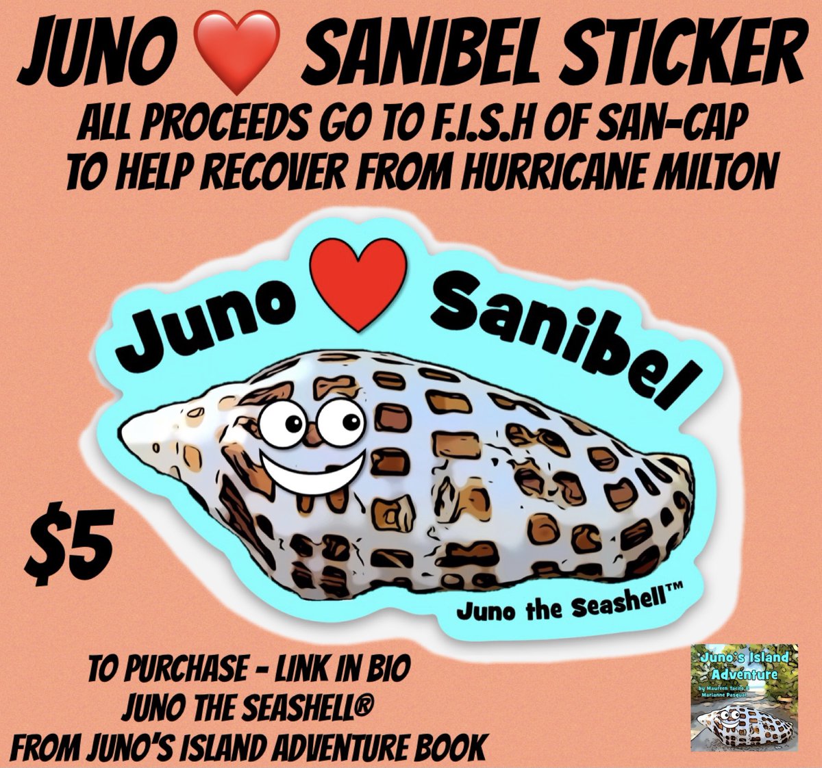 TheJunoBook's tweet photo. #sanibel  #SanibelIsland #Captiva #Milton #FloridaStorm #HurricaneMilton #Hurricane #miltonhurricane #Milton2024 #florida #FloridaStrong #fundraising #sticker #junotheseashell #donate #HurricaneRelief #hurricanerecovery #Juno https://t.co/nYCYjXRiKW